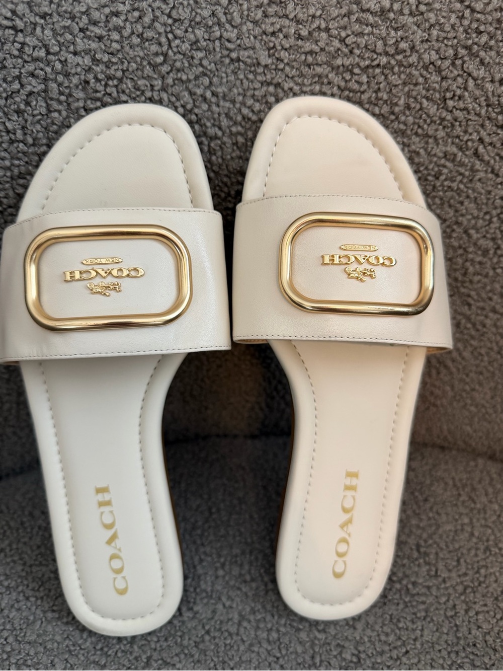 Coach Ivory Leather Slide Sandals with Gold Buckle